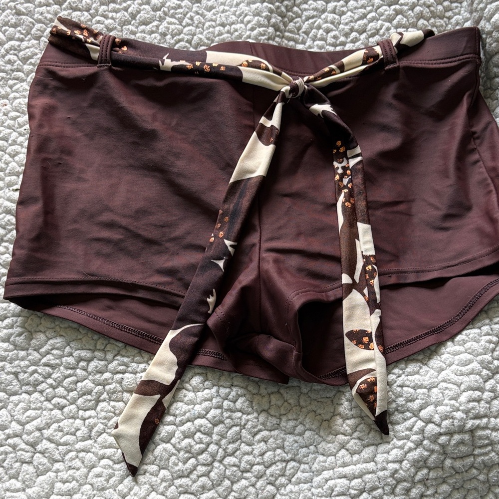 Brown Swimsuit Botton Shorts with pattern Tie Belt
